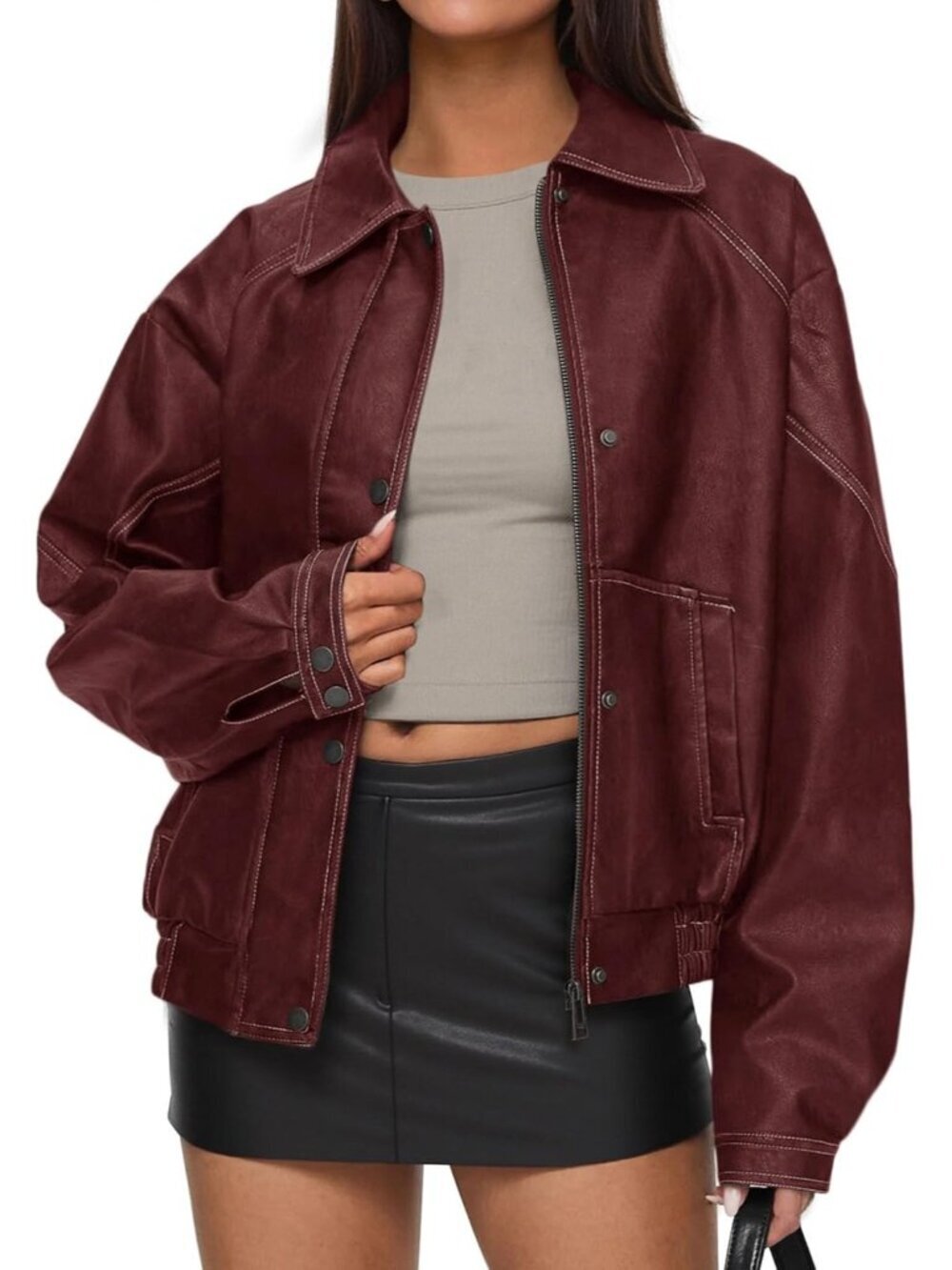 Women's Bomber Motorcycle Zip Up Jackets Oversized Faux Leather Jacket Wine Red